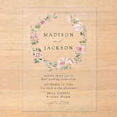 Elegante Blush Rozen en Green Wreath Bruiloft Acryl Uitnodigingen (Voorkant)