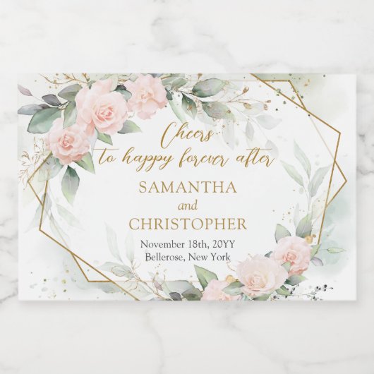 Elegante blush rozen eucalyptus en gouden bruiloft sparkling wijnetiket (Enkel label)