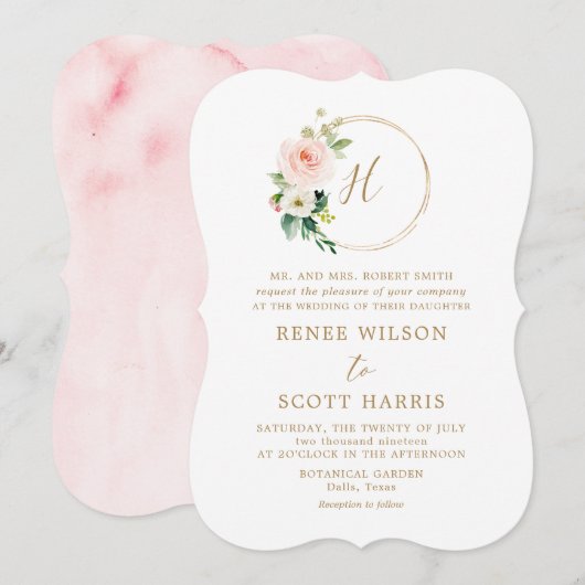 Elegante Blush Watercolor Bloemige Monogram Bruilo Kaart (Voorkant / Achterkant)