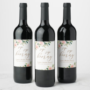 Elegante Blush Waterverf Bloemachtige Sip Sip Hoor Wijn Etiket