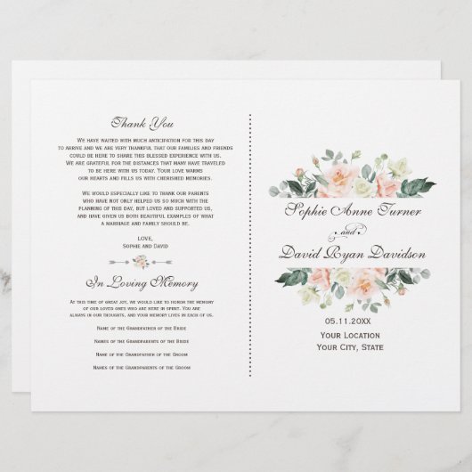 Elegante Blush Witte Crème Bloemige Trouwprogramma (Voorkant / Achterkant)