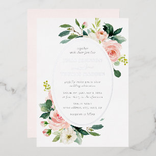 Elegante Blush Zilveren Bloemachtige Huwelijk  Folie Uitnodiging