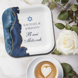 Elegante B'nai Mitswa Navy Blue Gold Agate Party Papieren Bordje