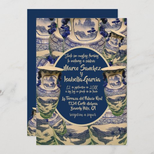 Elegante boda en estilo chinoiserie azul y blanco kaart (Voorkant / Achterkant)