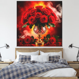 Elegante Boeket Rode Rozen in Antieke Glazen Vaas Canvas Afdruk