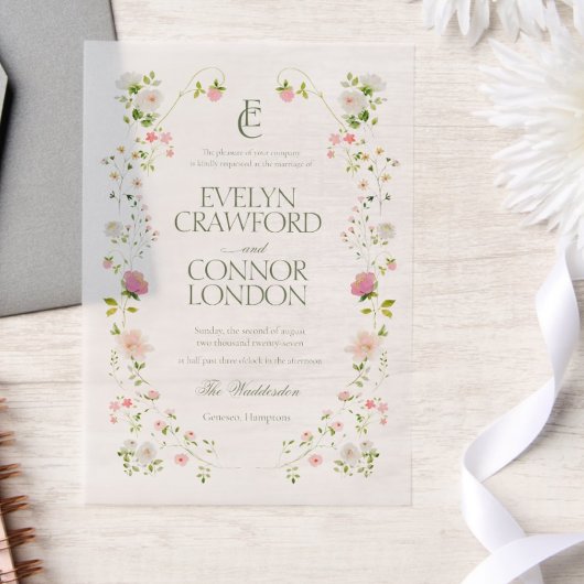 Elegante Boheemse Monogram Bloemenbruiloft Vellum Uitnodigingen