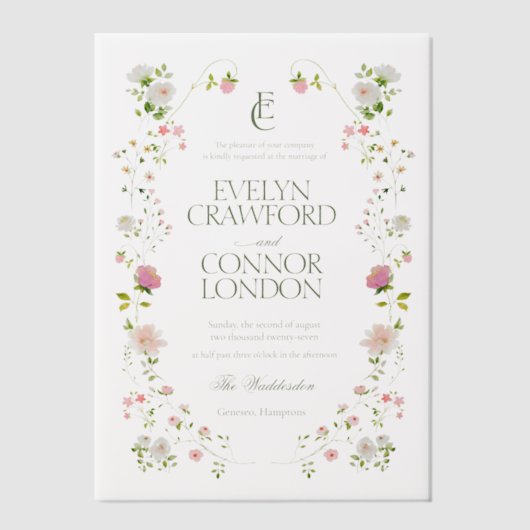 Elegante Boheemse Monogram Bloemenbruiloft Vellum Uitnodigingen (Voorkant)