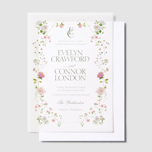 Elegante Boheemse Monogram Bloemenbruiloft Vellum Uitnodigingen (Offset)