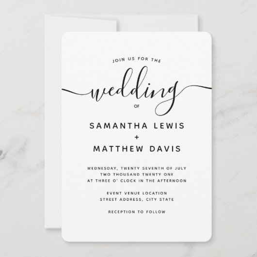 Elegante Boheemse script minimalistische bruiloft Kaart (Voorkant)