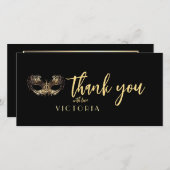 Elegante Boheemse Zwart Goud Masquerade Dank u Bedankkaart (Voorkant / Achterkant)