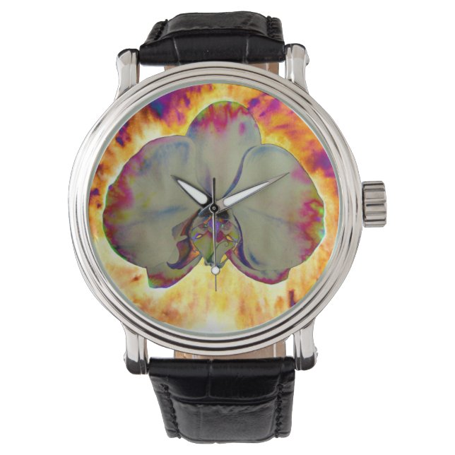 Elegante boho abstracte waterverf orchidee schilde horloge (Voorkant)