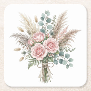 Elegante Boho bloemboeket Roze kussen Vierkante Kartonnen Onderzetter