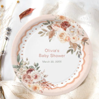 Elegante Boho Bloemrijke Neutrale Baby Shower Papieren Bordje