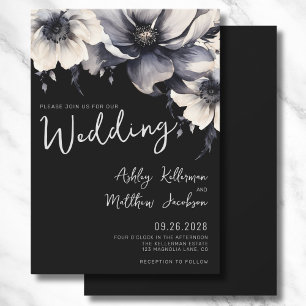 Elegante Boho Bloemrijke Zwarte Bruiloft Kaart