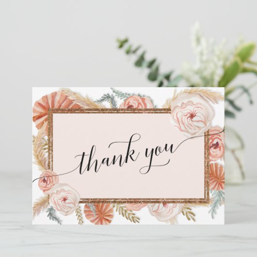 Elegante Boho Blush Bloemrijke Tropische Palm Pamp Bedankkaart (Staand voorkant)