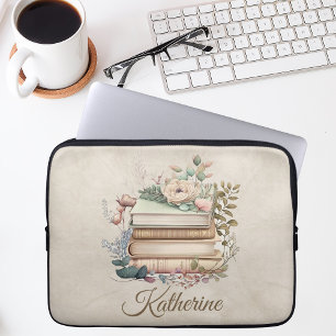 Elegante Boho-boekenstapel Bloemige Naam Laptop Sleeve