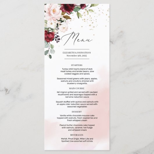 Elegante Boho bordeaux blos roze bloemengroen Menu (Voorkant)