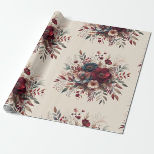 Elegante Boho Bourgogne Rustiek Blauw en Rood Patr Cadeaupapier