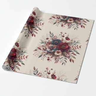 Elegante Boho Bourgogne Rustiek Blauw en Rood Patr Cadeaupapier
