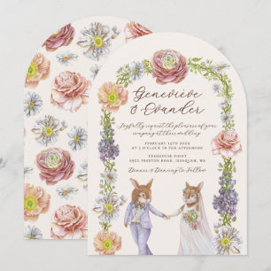 Elegante Boho Bunny Love Waterverf Bloemen Huwelij Kaart