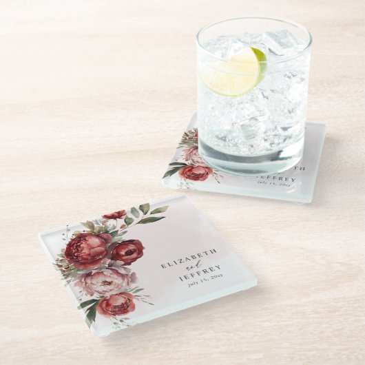 Elegante Boho Burgundy Blush Bloemen Bruiloft Glazen Onderzetter (Schuin)