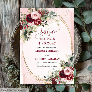 Elegante Boho Burgundy Blush Goud Bloem Save Date Kaart