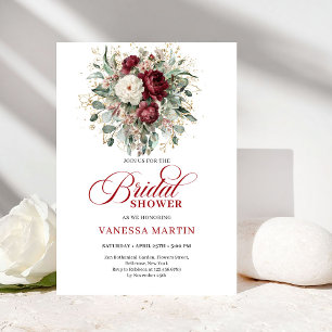 Elegante Boho Burgundy & Witte Bloemige Bruiloftsd Kaart