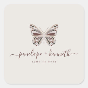 Elegante Boho Butterfly Bourgogne Taupe bruiloft Vierkante Sticker