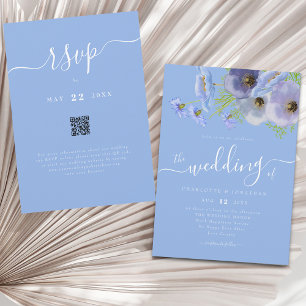Elegante Boho Chic Bloemige Blauwe Trouw QR Code Kaart