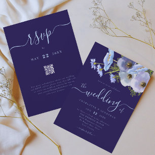 Elegante Boho Chic Bloemige Blauwe Trouw QR Code Kaart