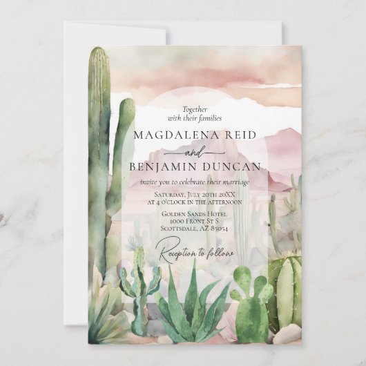 Elegante Boho Desert Landschap Cactus Bruiloft Kaart (Voorkant)