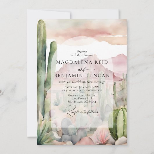 Elegante Boho Desert Landschap Cactus Bruiloft Kaart (Voorkant)