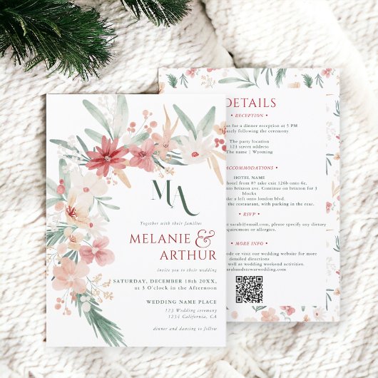 Elegante Boho Floral Winter Wedding QR-code Kaart
