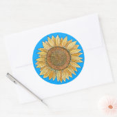 Elegante Boho Gele en Blauwe Aquarel Zonnebloem Ronde Sticker (Envelop)