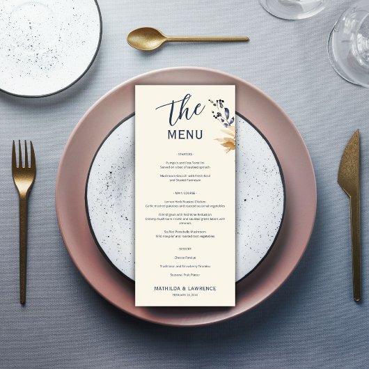 Elegante Boho Gold Foliage Blue Script Wedding Menu