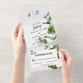 Elegante Boho Green Bladeren Monogram Bloemen Huwe All In One Uitnodiging (Afscheurbaar)