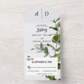 Elegante Boho Green Bladeren Monogram Bloemen Huwe All In One Uitnodiging (Binnen)