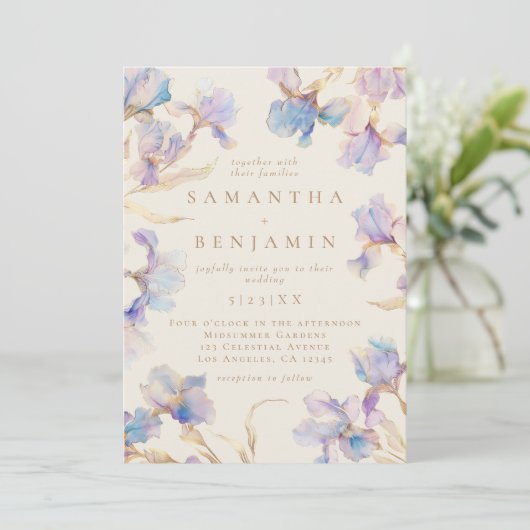 Elegante Boho Iris bruiloft foto uitnodiging (Staand voorkant)