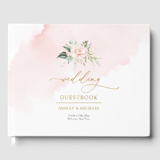 Elegante boho lichtroze rozen gouden bruiloft gastenboek (Voorkant)