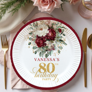Elegante Boho Marsala Bloemen 80e Verjaardag Papie Papieren Bordje