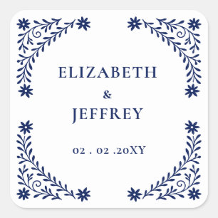 Elegante Boho Navy Bloemige Bruiloft Vierkante Sticker