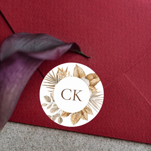 Elegante Boho Neutraal Bloemmonogram Huwelijksguns Ronde Sticker