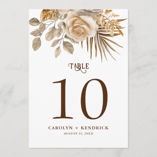 Elegante Boho Neutral Bloemen Trouwtafel Nummers (Achterkant)