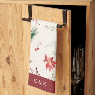 Elegante Boho Poinsettia Groen Kerstwinter Theedoek