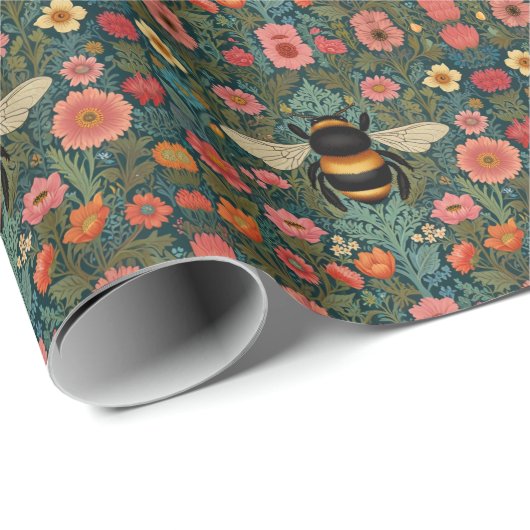 Elegante boho retro hommel lente bloemen  cadeaupapier (Rol Hoek)