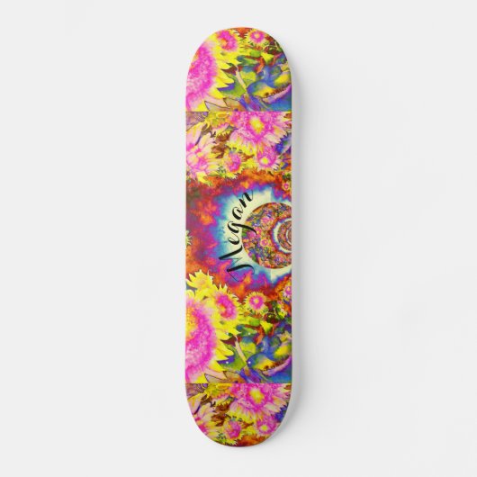 Elegante boho retro zonnebloemen roze gele bloemen skateboard (Voorkant)