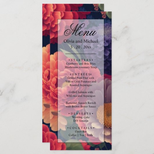 Elegante boho rood sinaasappel paarse bloemenbruil menu (Voorkant / Achterkant)