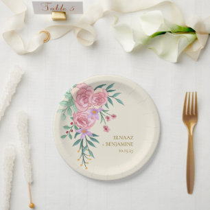 Elegante Boho Roze Roze Waterverf Bloemige Trouw  Papieren Bordje