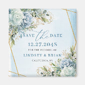 Elegante Boho Stofblauw Bloemig Goud Save The Date Magneet (Voorkant)