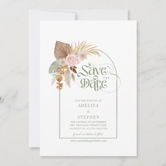 Elegante Boho Tropisch Gedroogde Bloemen Arch QR C Save The Date (Voorkant)